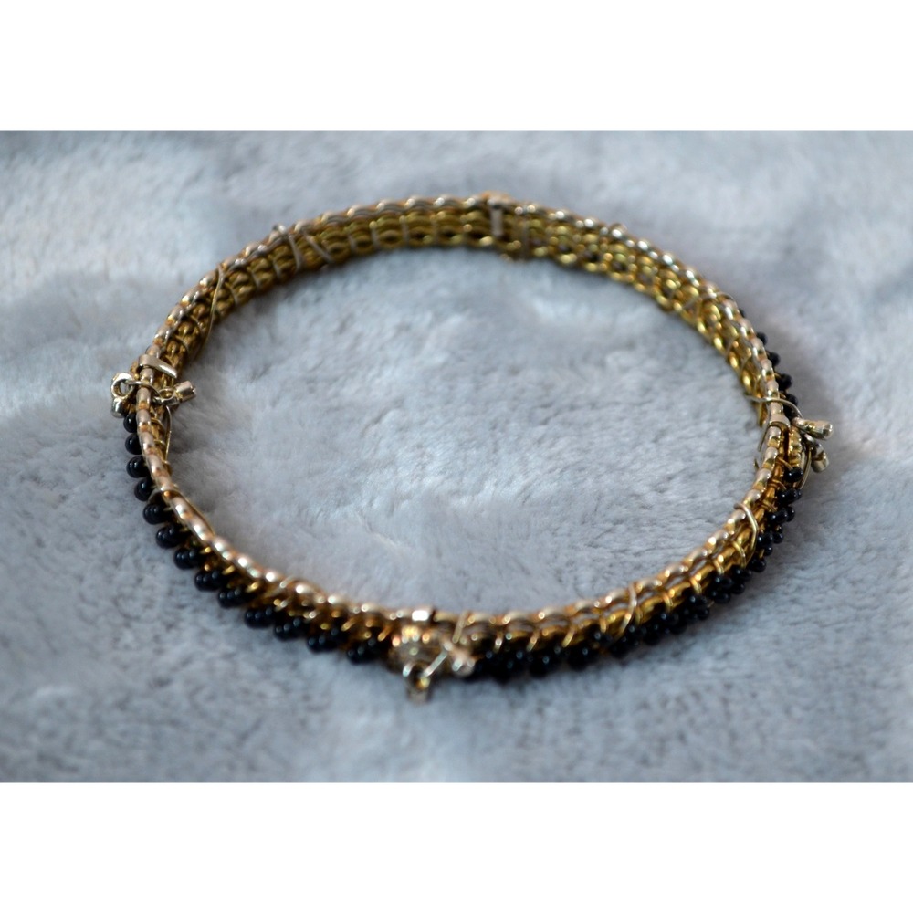 Vintage Gold Tone Bracelet with Tiny Black Beads
